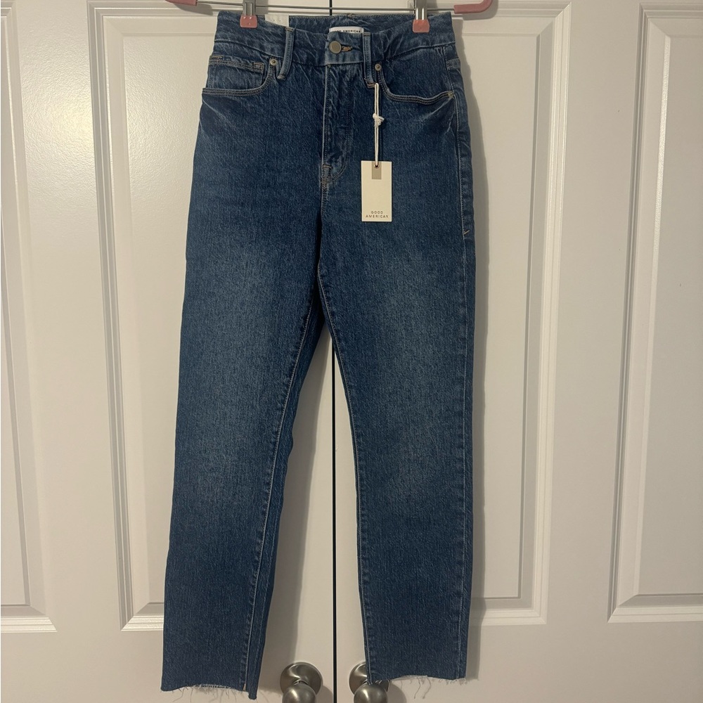 Good American Good Classic Raw Hem in Medium Wash Denim - NWT